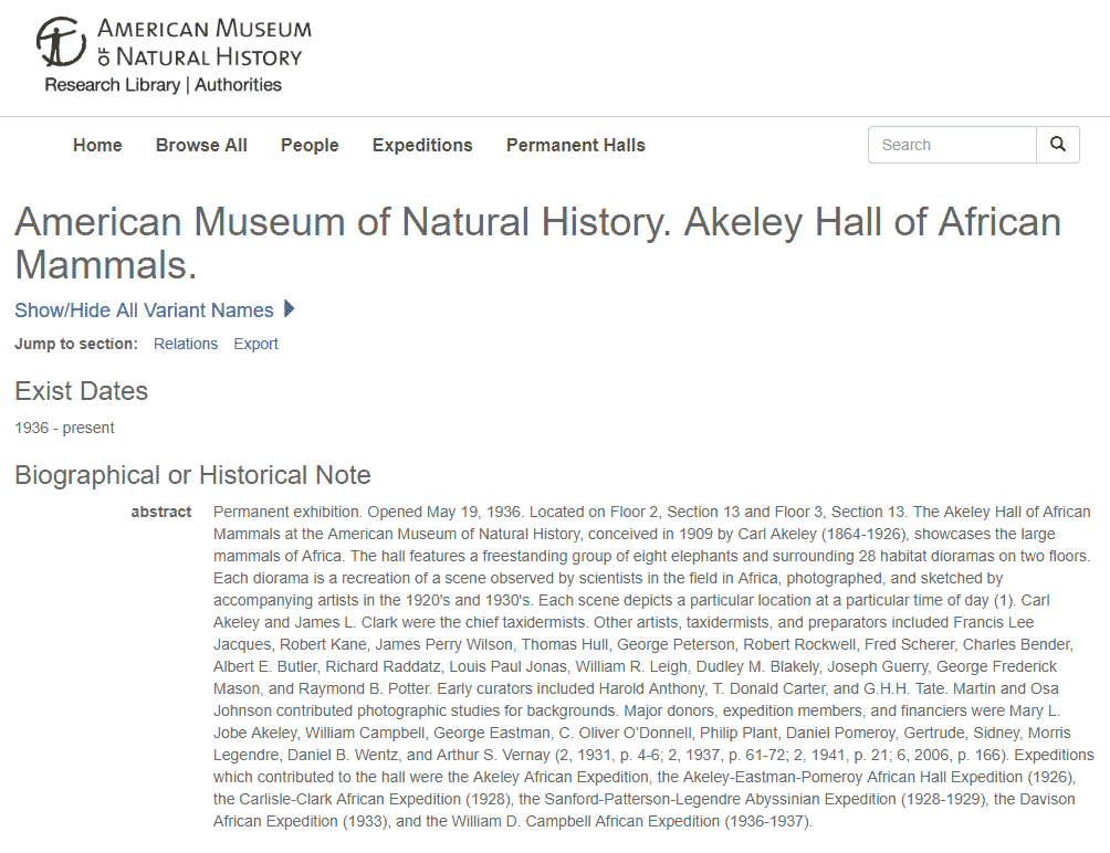 screenshot of abstract information for American Museum of Natural History. Akeley Hall of African Mammals.