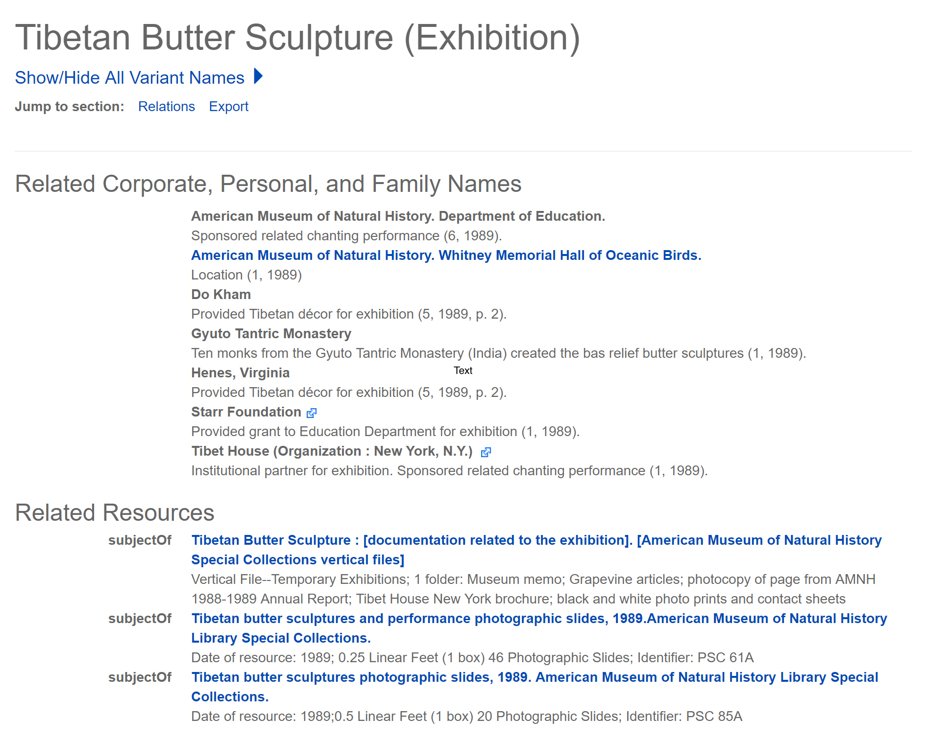 Screenshot of the Tibetan Butter Sculpture (Exhibition) relationship section